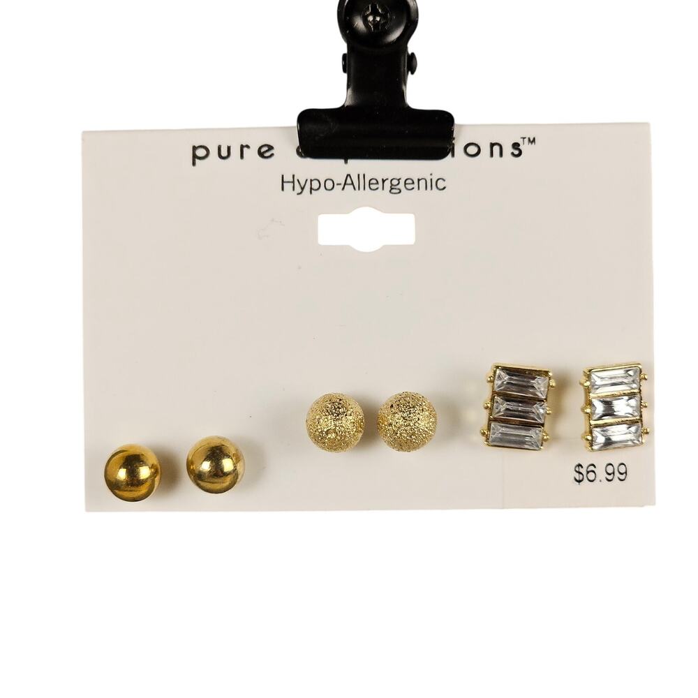 Hypo-Allergenic 3 Pair Gold Tone Stud Earrings Set Rhinestone Pure Expressions